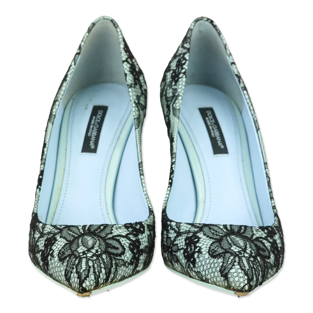 Dolce & Gabbana Black Patent Leather and Blue Lace Pointed Toe Pumps