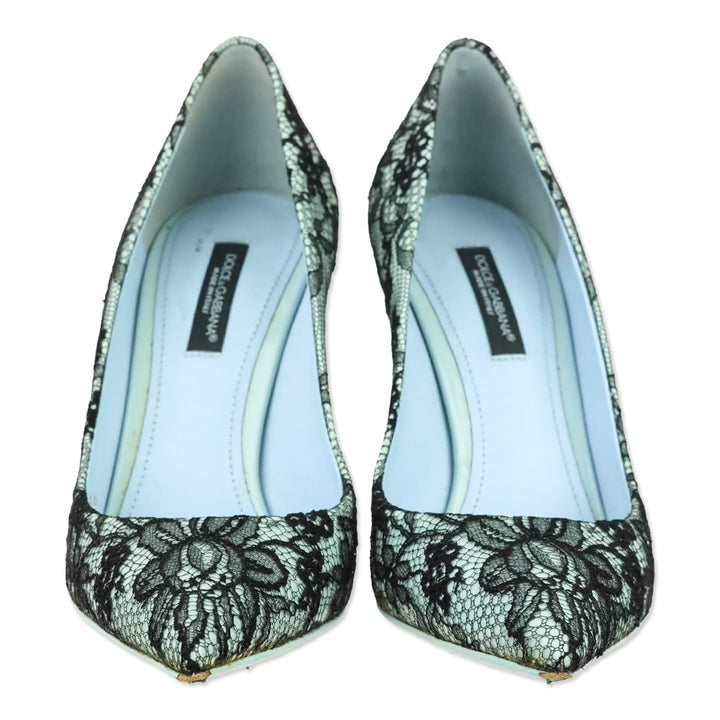 Dolce & Gabbana Black Patent Leather and Blue Lace Pointed Toe Pumps
