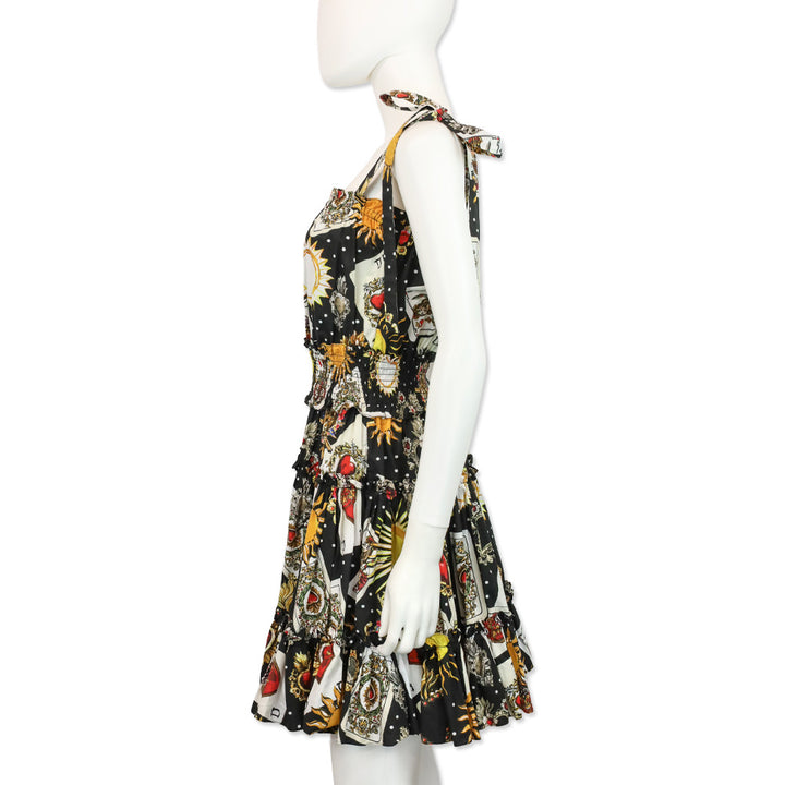 Dolce & Gabbana Black Playing Cards Printed Flared Mini Dress