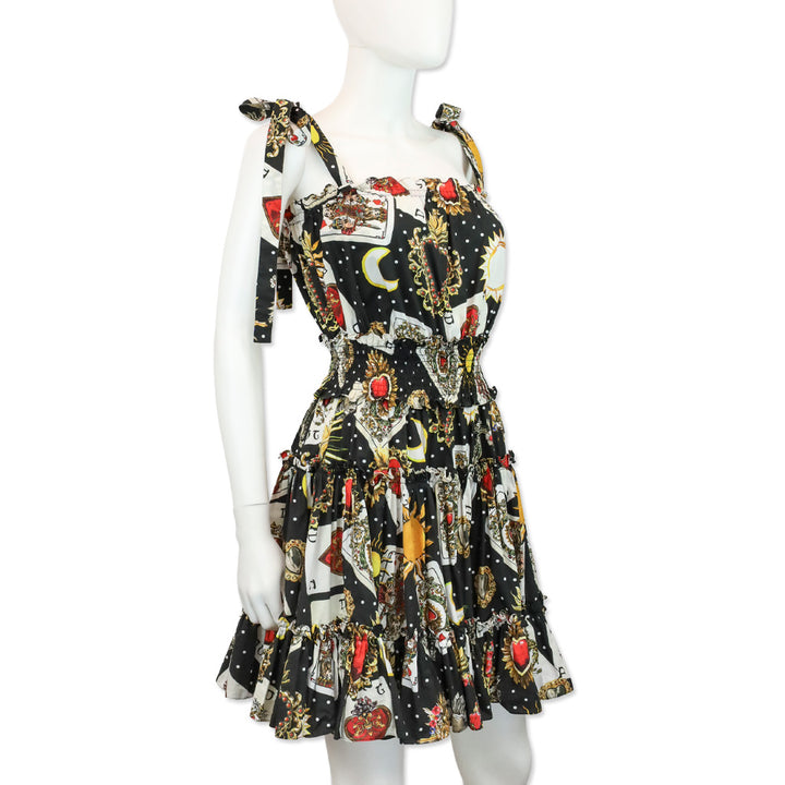 Dolce & Gabbana Black Playing Cards Printed Flared Mini Dress
