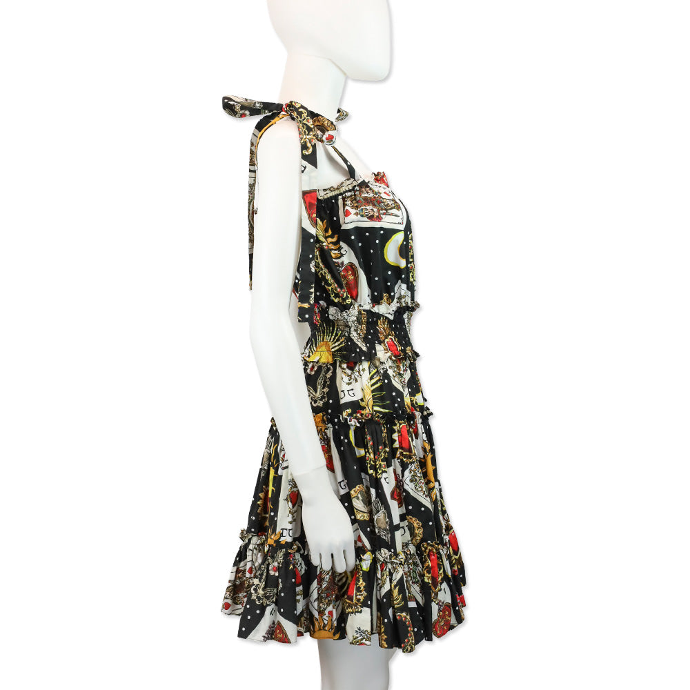 Dolce & Gabbana Black Playing Cards Printed Flared Mini Dress