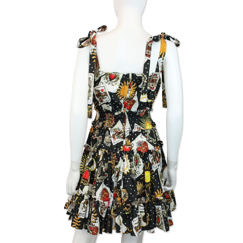 Dolce & Gabbana Black Playing Cards Printed Flared Mini Dress