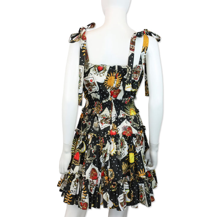 Dolce & Gabbana Black Playing Cards Printed Flared Mini Dress