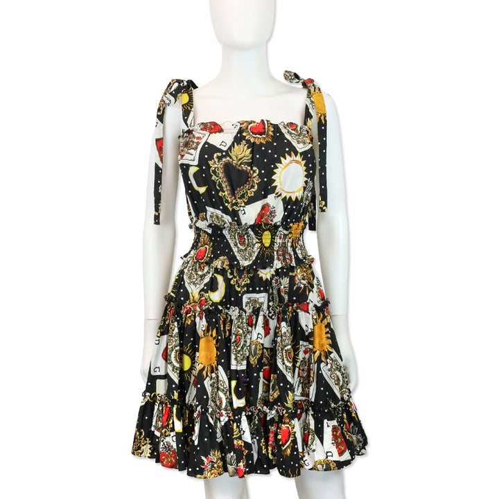 Dolce & Gabbana Black Playing Cards Printed Flared Mini Dress