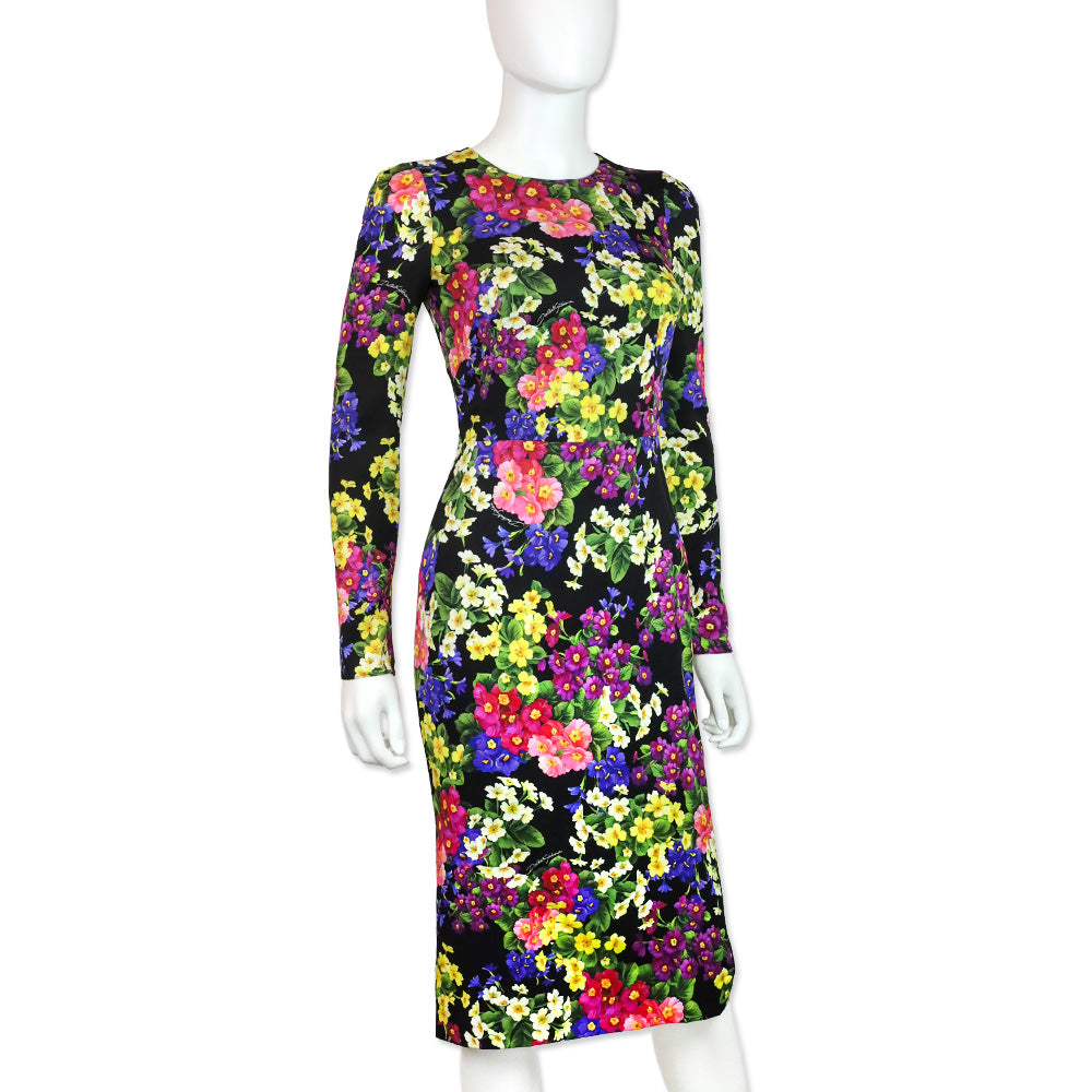 Dolce & Gabbana Black Primrose Print Stretch Silk Sheath Dress
