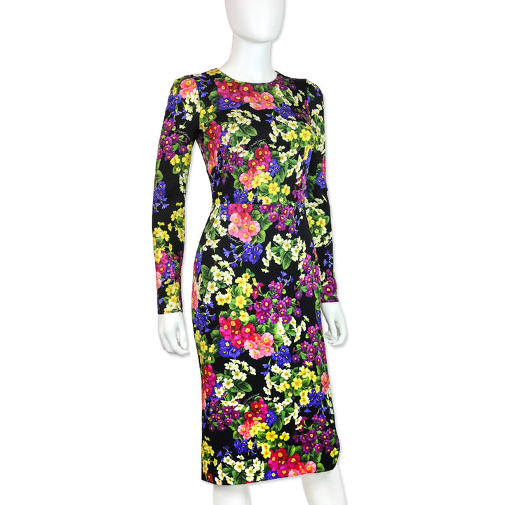 Dolce & Gabbana Black Primrose Print Stretch Silk Sheath Dress