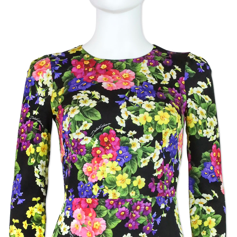 Dolce & Gabbana Black Primrose Print Stretch Silk Sheath Dress