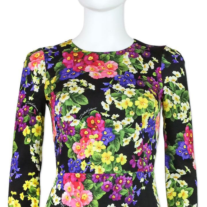 Dolce & Gabbana Black Primrose Print Stretch Silk Sheath Dress