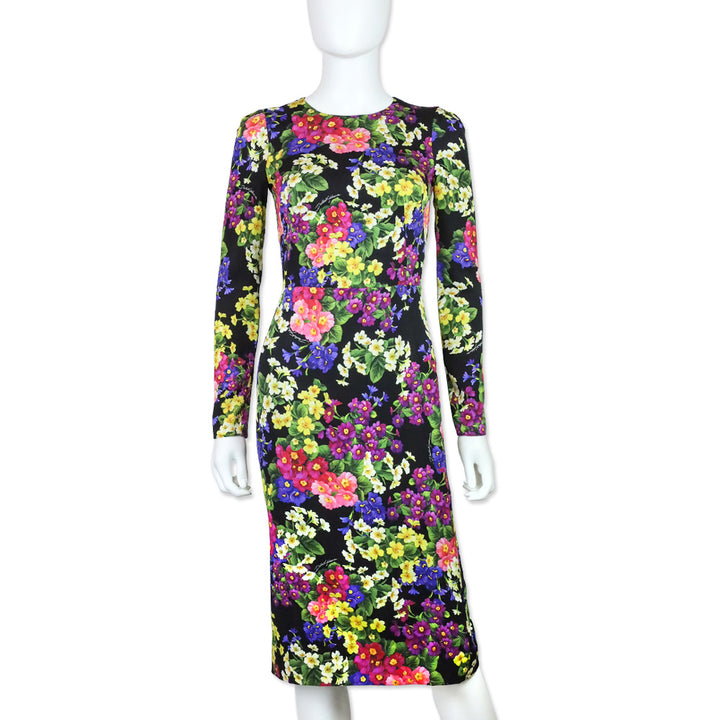 Dolce & Gabbana Black Primrose Print Stretch Silk Sheath Dress