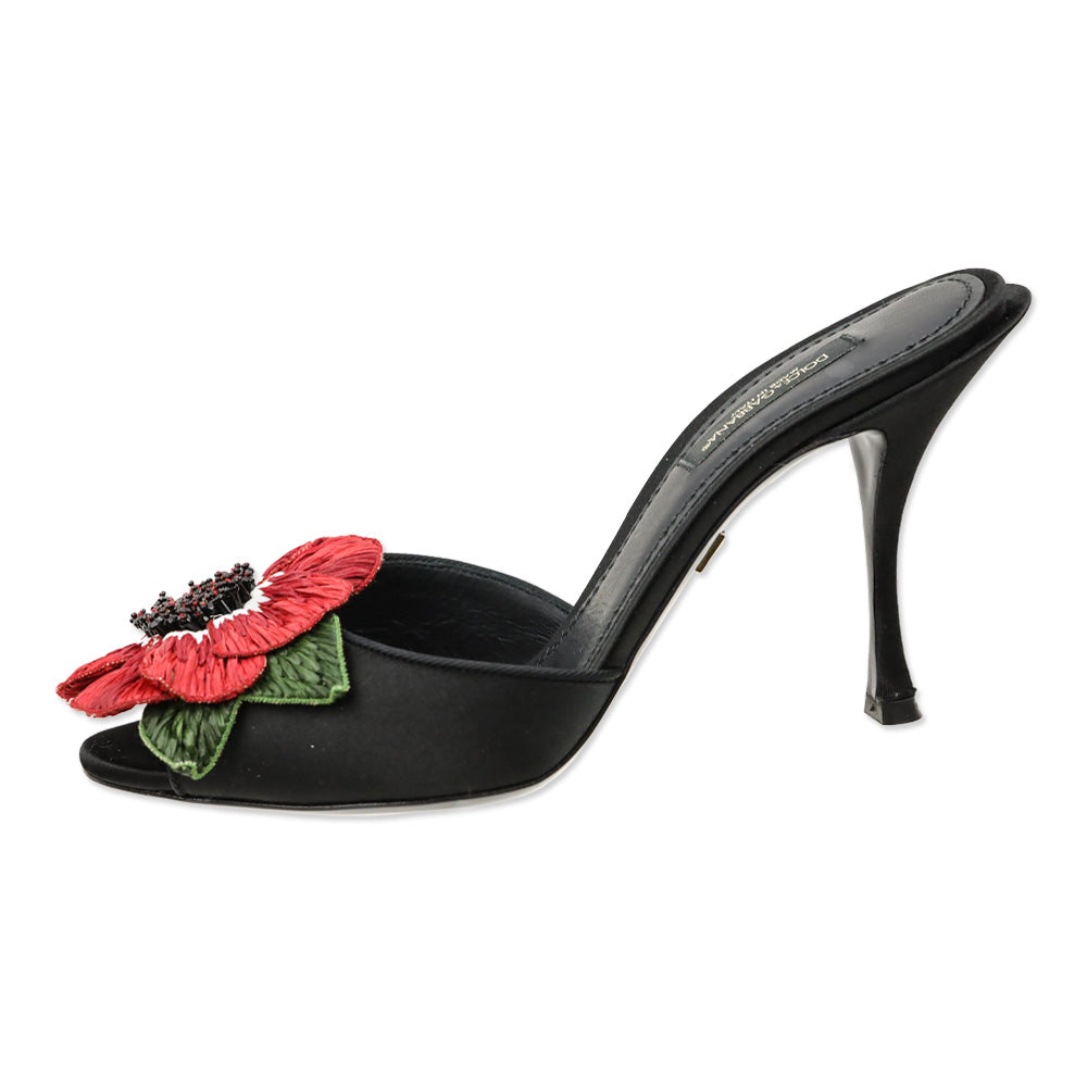Dolce & Gabbana Black Satin Red Floral Appliqué Keira Mule Sandal