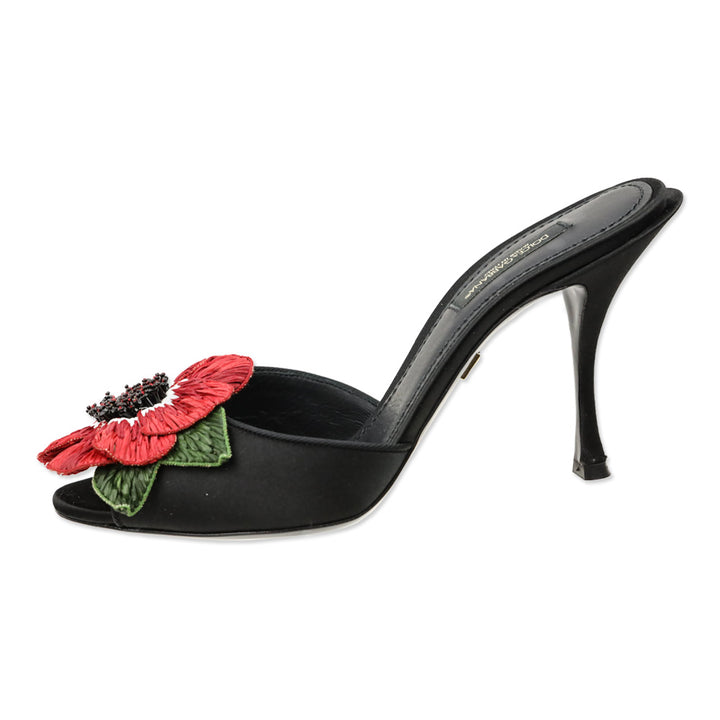 Dolce & Gabbana Black Satin Red Floral Appliqué Keira Mule Sandal
