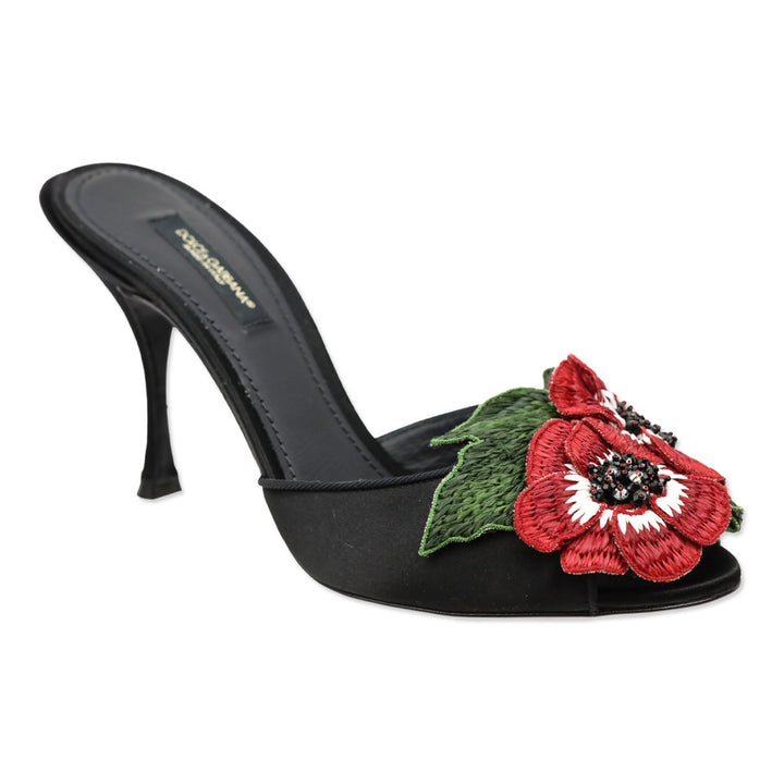 Dolce & Gabbana Black Satin Red Floral Appliqué Keira Mule Sandal