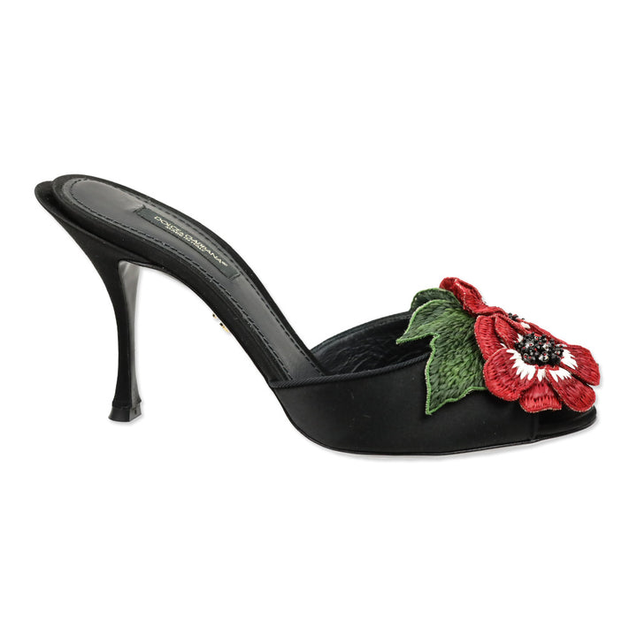 Dolce & Gabbana Black Satin Red Floral Appliqué Keira Mule Sandal