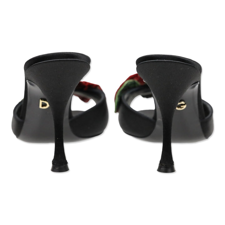 Dolce & Gabbana Black Satin Red Floral Appliqué Keira Mule Sandal