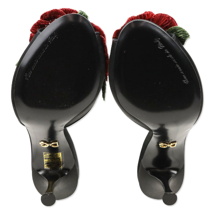 Dolce & Gabbana Black Satin Red Floral Appliqué Keira Mule Sandal