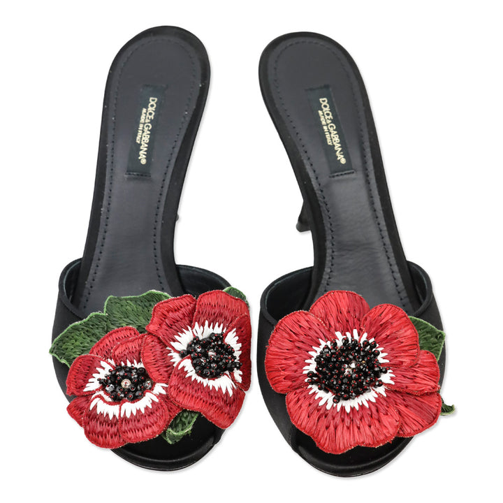 Dolce & Gabbana Black Satin Red Floral Appliqué Keira Mule Sandal