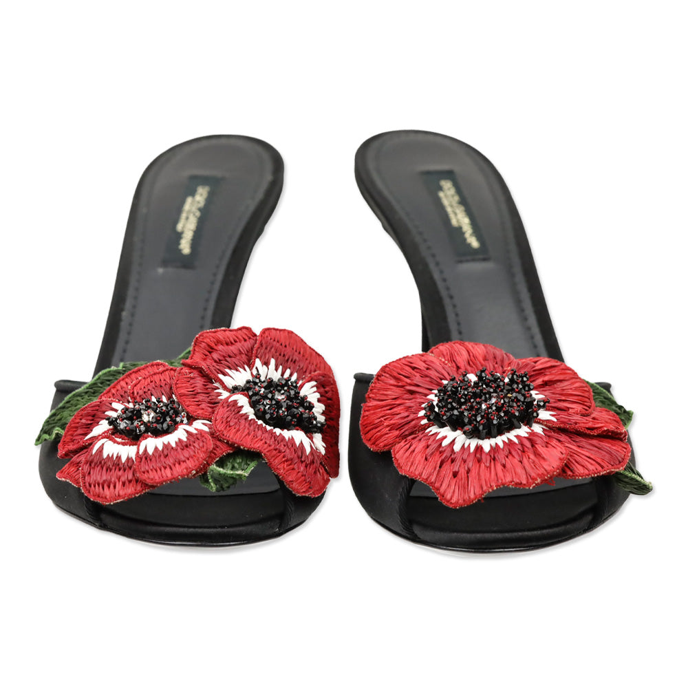 Dolce & Gabbana Black Satin Red Floral Appliqué Keira Mule Sandal