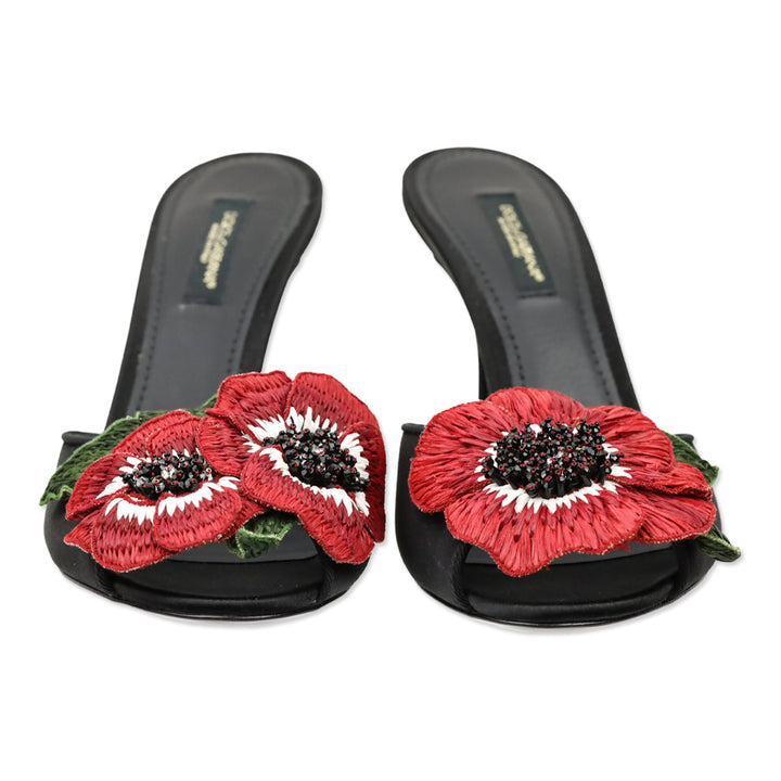 Dolce & Gabbana Black Satin Red Floral Appliqué Keira Mule Sandal