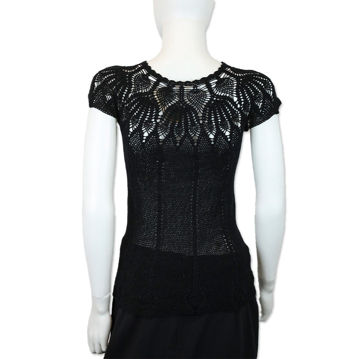 Dolce & Gabbana Black Wool Crochet Knit Cap-Sleeve Top