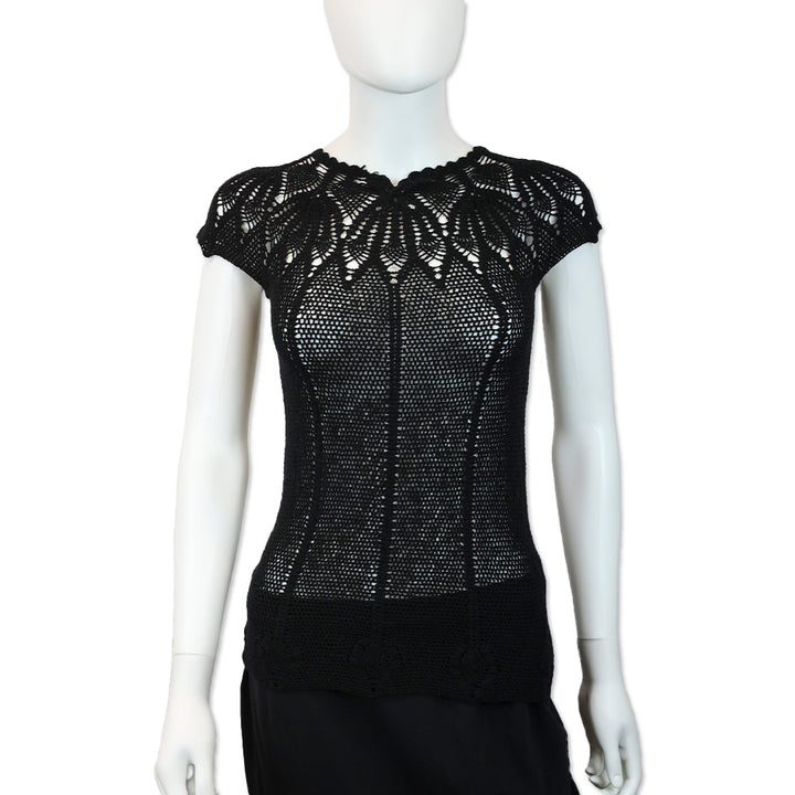 Dolce & Gabbana Black Wool Crochet Knit Cap-Sleeve Top