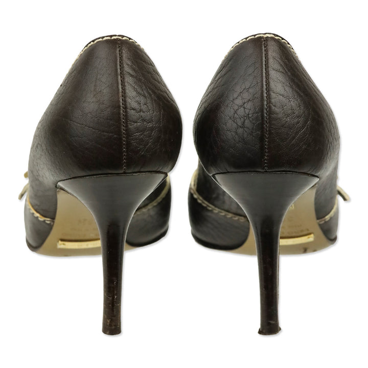 Dolce & Gabbana Brown Leather Buckle Peep-Toe Pumps