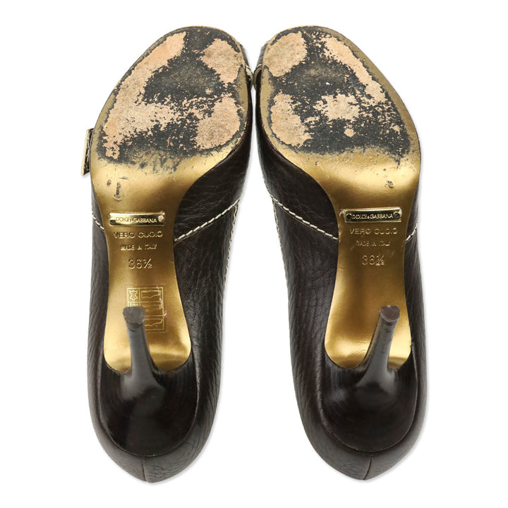 Dolce & Gabbana Brown Leather Buckle Peep-Toe Pumps