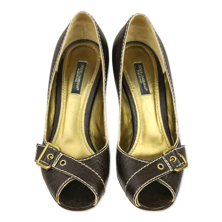 Dolce & Gabbana Brown Leather Buckle Peep-Toe Pumps