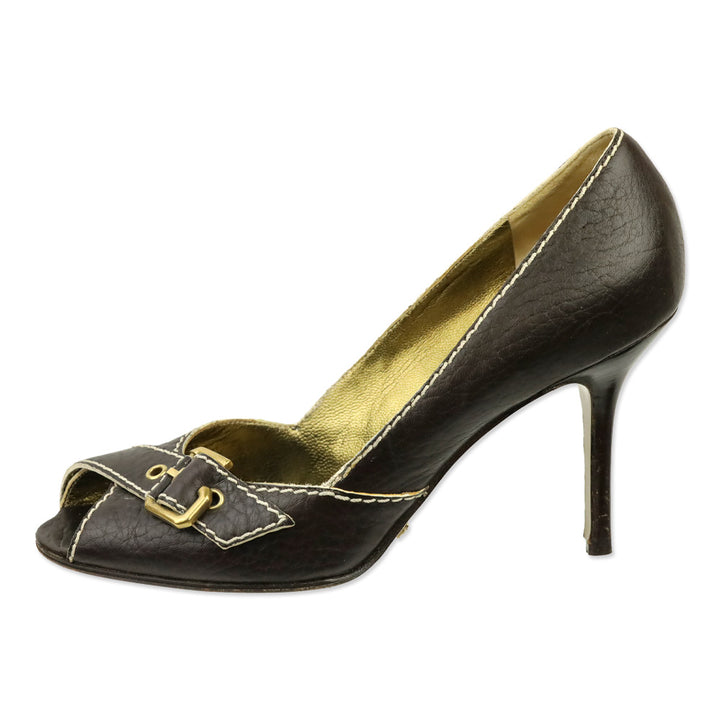 Dolce & Gabbana Brown Leather Buckle Peep-Toe Pumps