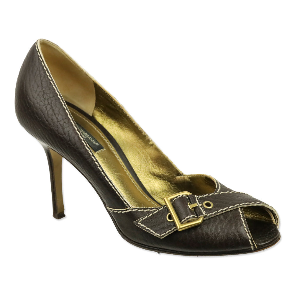 Dolce & Gabbana Brown Leather Buckle Peep-Toe Pumps