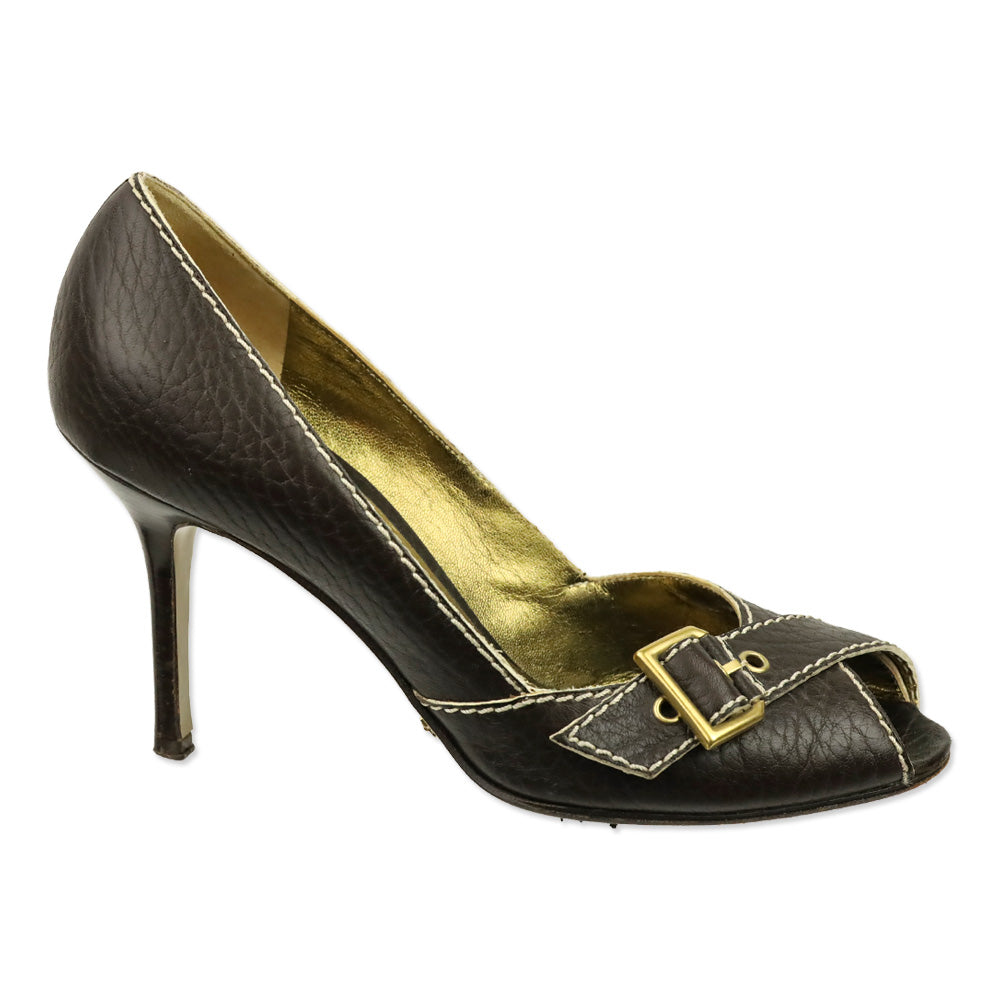 Dolce & Gabbana Brown Leather Buckle Peep-Toe Pumps