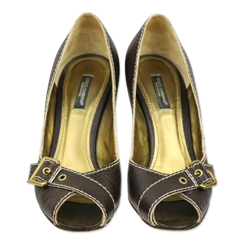 Dolce & Gabbana Brown Leather Buckle Peep-Toe Pumps
