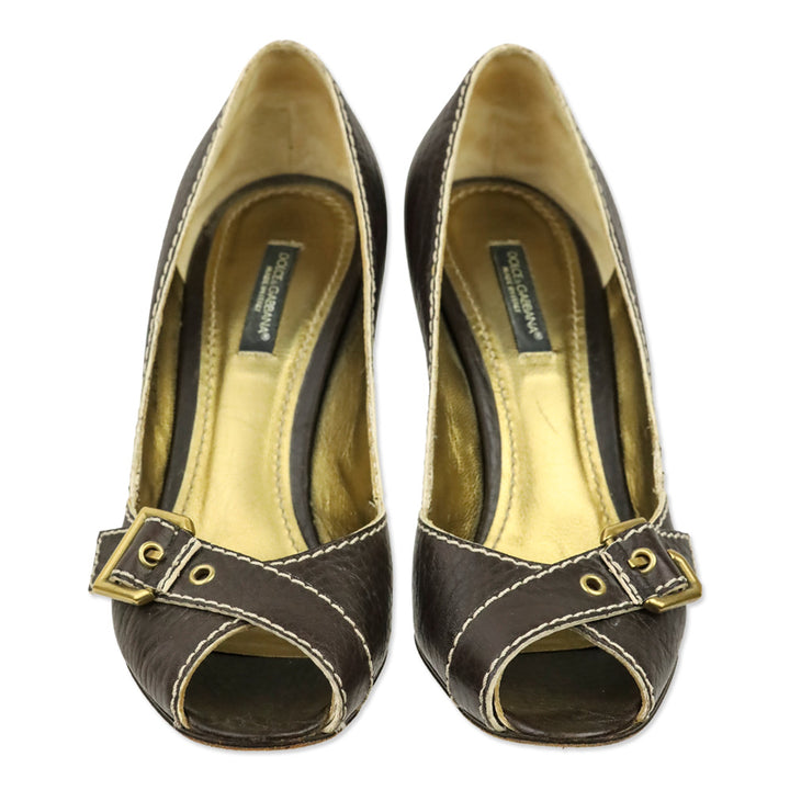 Dolce & Gabbana Brown Leather Buckle Peep-Toe Pumps
