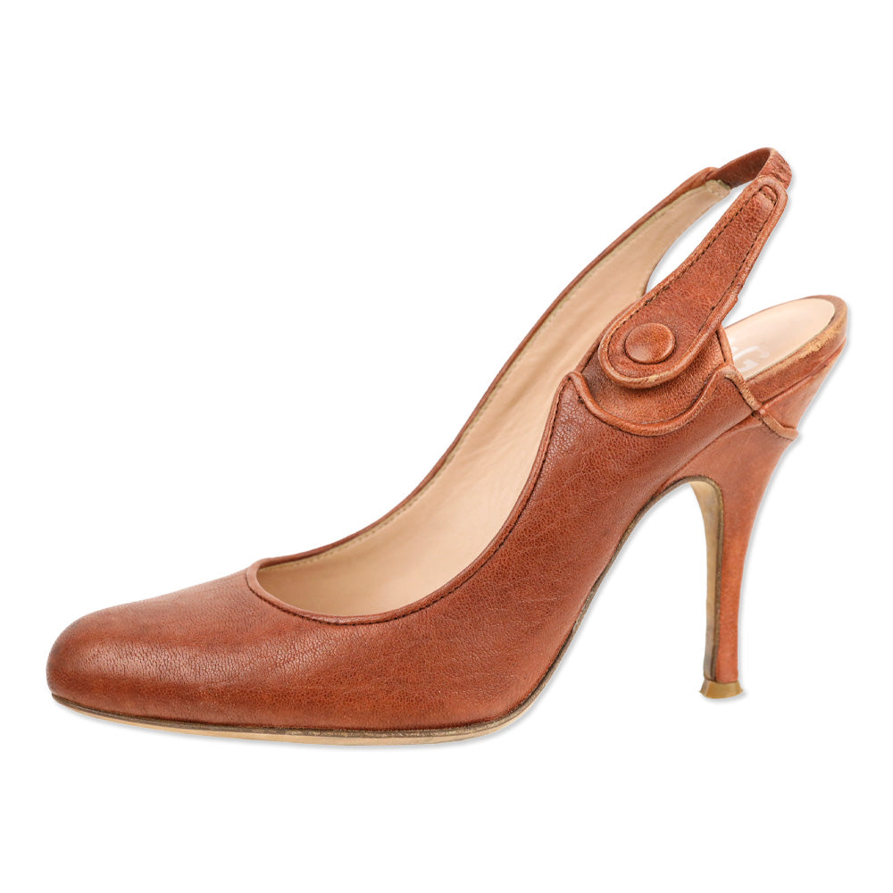 Dolce & Gabbana Brown Leather Button Slingback Pump