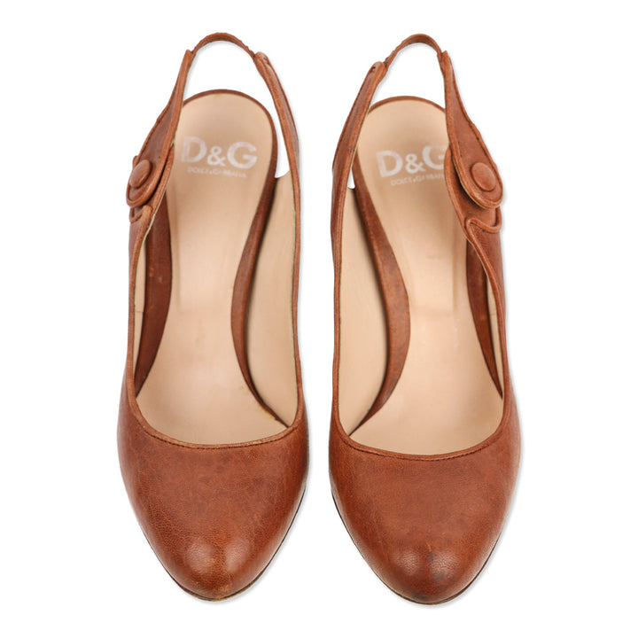 Dolce & Gabbana Brown Leather Button Slingback Pump