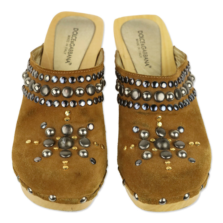 Dolce & Gabbana Brown Suede Studded Mule Clogs