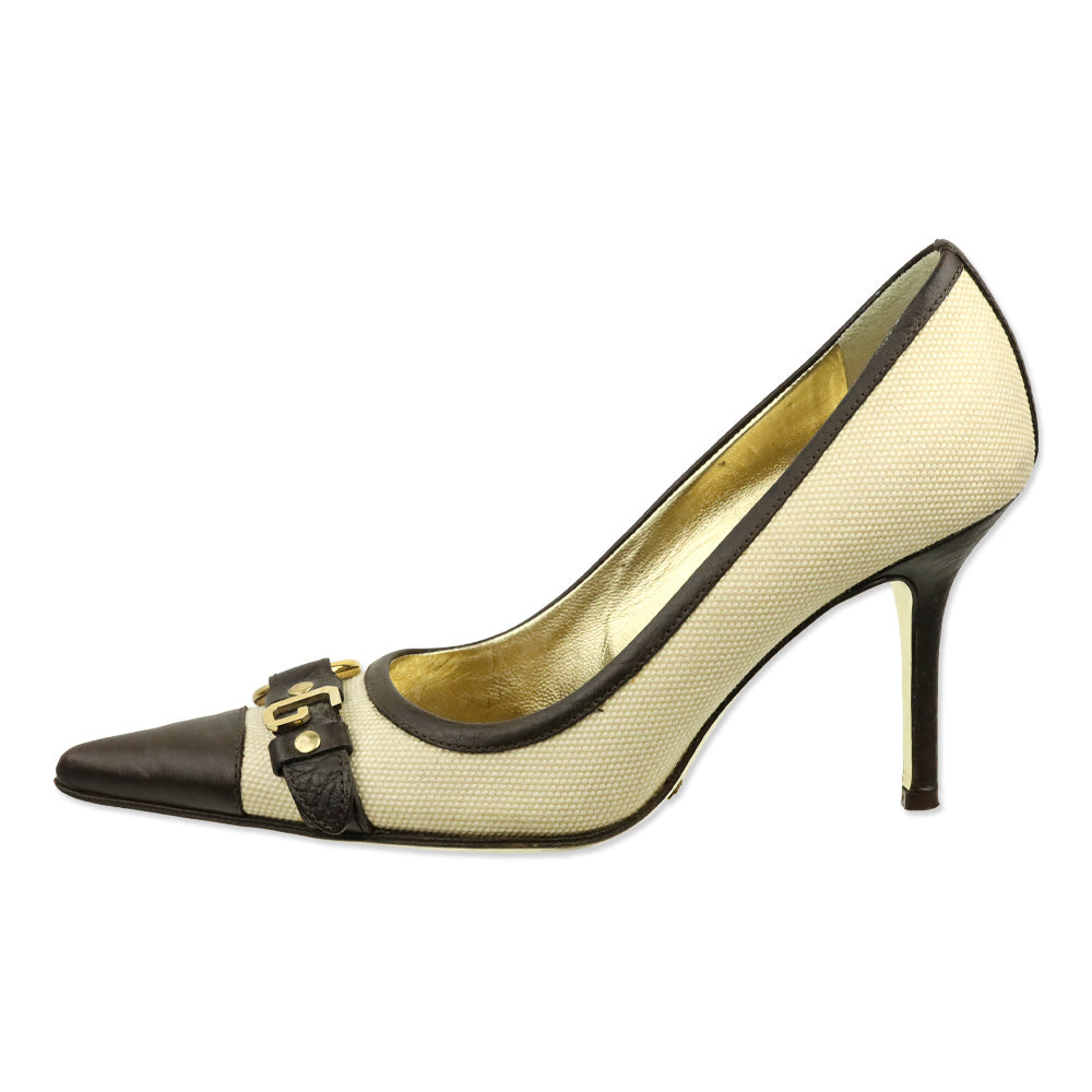 Dolce & Gabbana Canvas Brown Leather Trim Harness Buckle Pumps