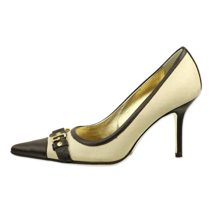 Dolce & Gabbana Canvas Brown Leather Trim Harness Buckle Pumps
