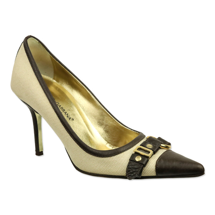 Dolce & Gabbana Canvas Brown Leather Trim Harness Buckle Pumps