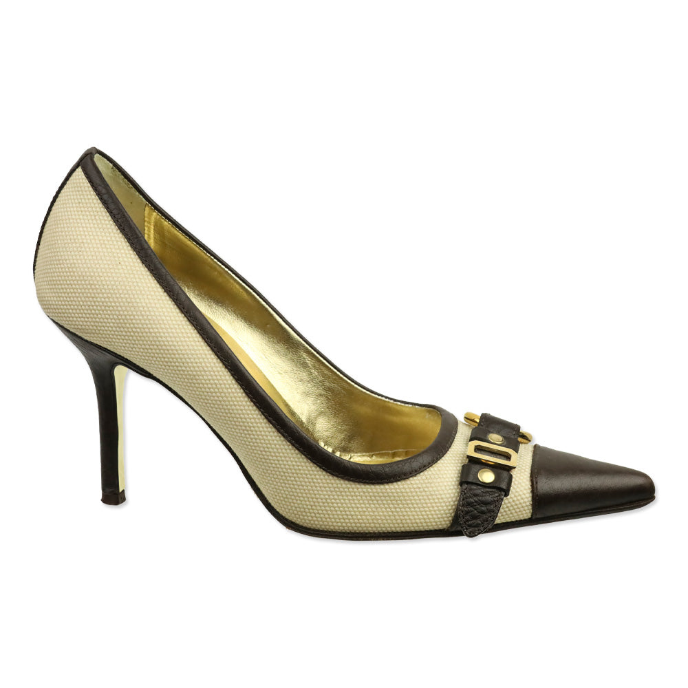 Dolce & Gabbana Canvas Brown Leather Trim Harness Buckle Pumps