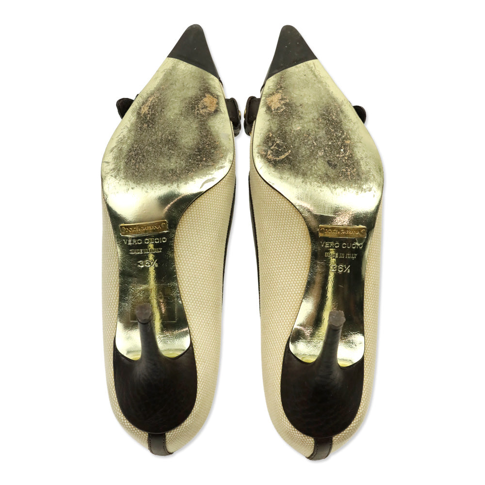 Dolce & Gabbana Canvas Brown Leather Trim Harness Buckle Pumps