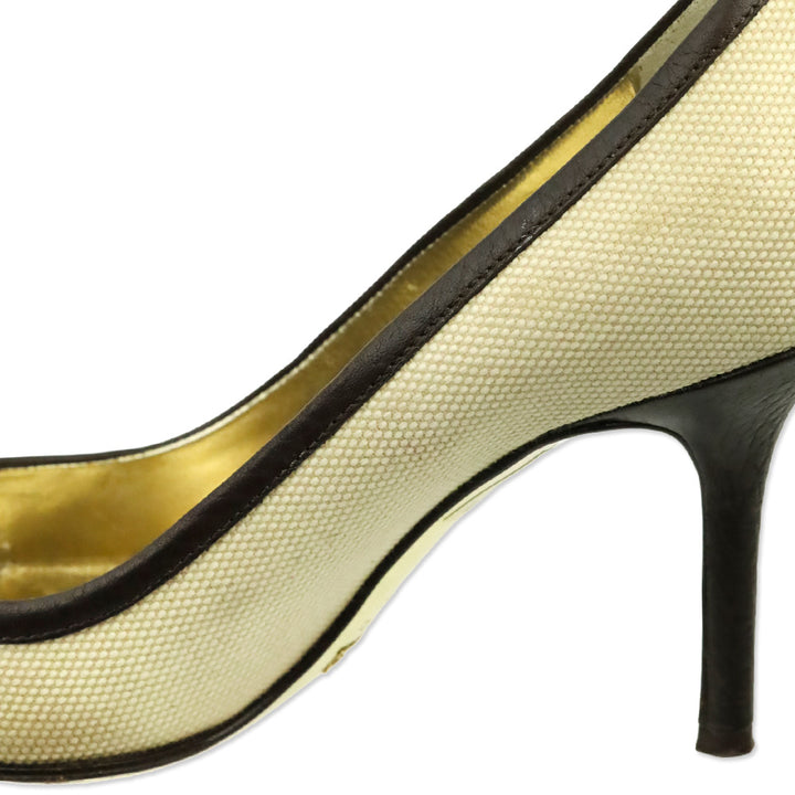Dolce & Gabbana Canvas Brown Leather Trim Harness Buckle Pumps