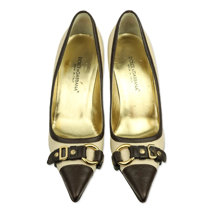 Dolce & Gabbana Canvas Brown Leather Trim Harness Buckle Pumps