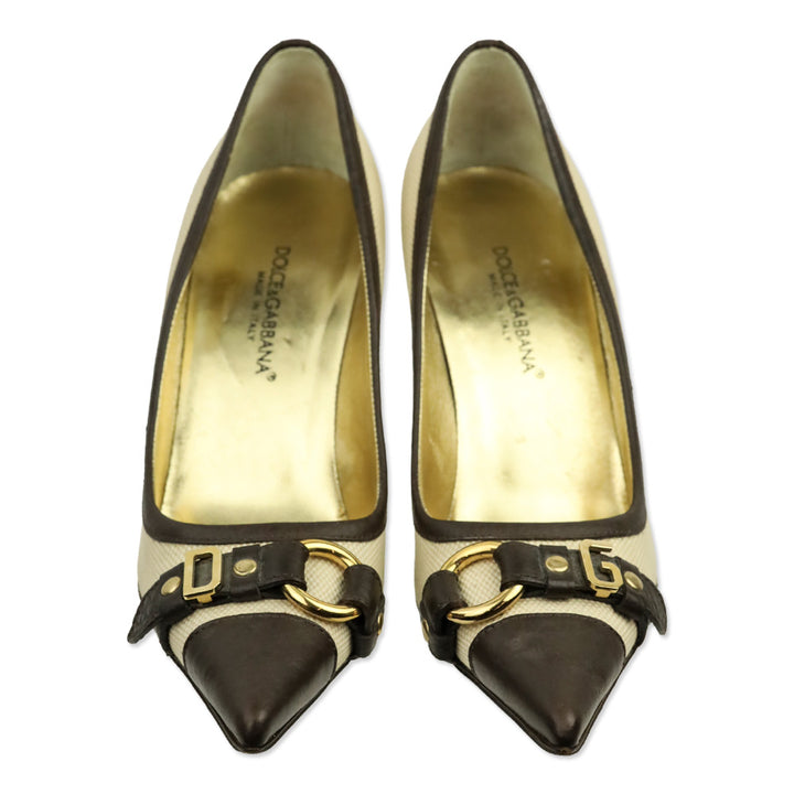 Dolce & Gabbana Canvas Brown Leather Trim Harness Buckle Pumps