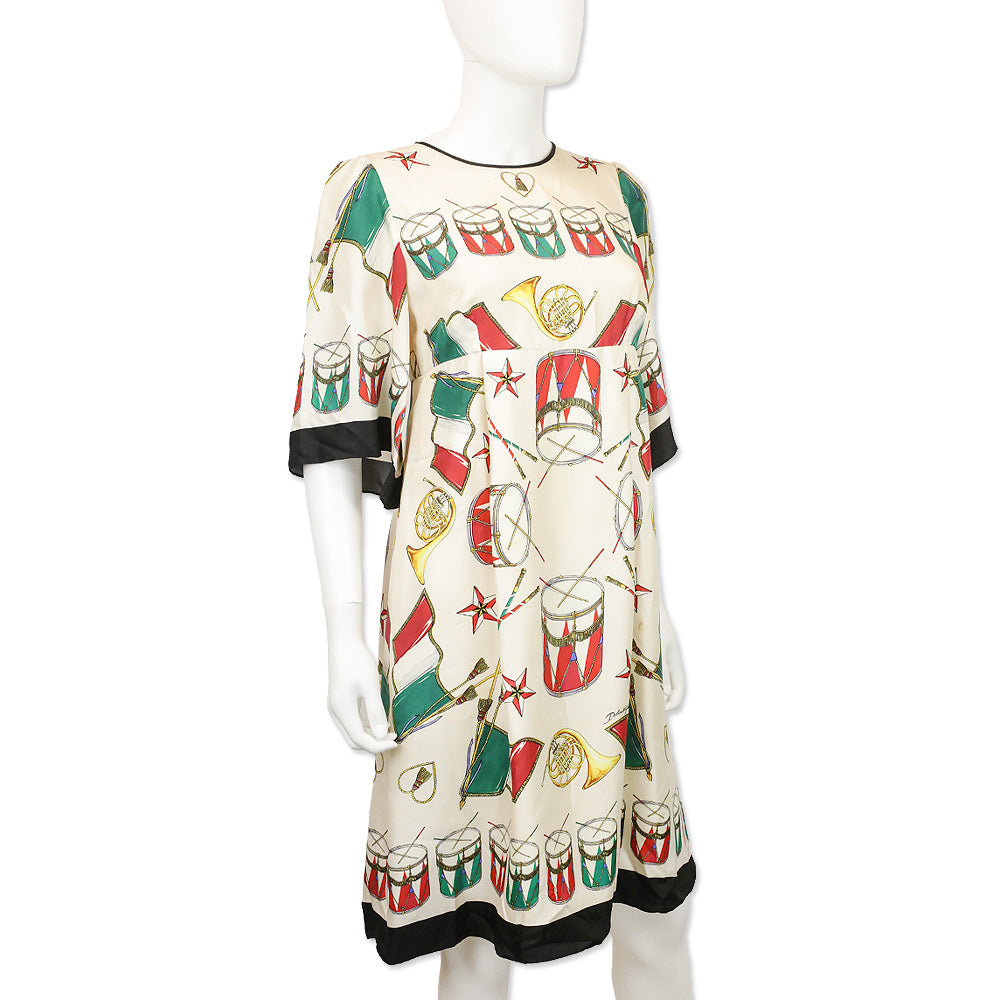 Dolce & Gabbana Cream Drum Instrument Print Silk Midi Dress