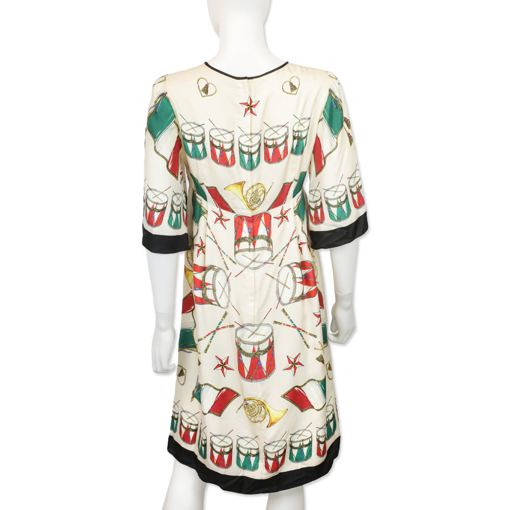 Dolce & Gabbana Cream Drum Instrument Print Silk Midi Dress