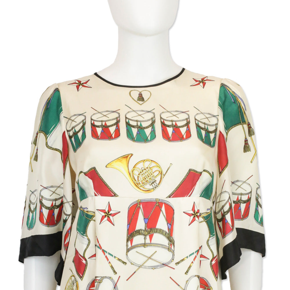 Dolce & Gabbana Cream Drum Instrument Print Silk Midi Dress