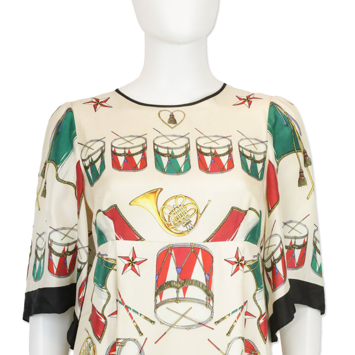 Dolce & Gabbana Cream Drum Instrument Print Silk Midi Dress