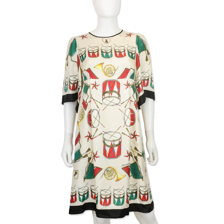 Dolce & Gabbana Cream Drum Instrument Print Silk Midi Dress