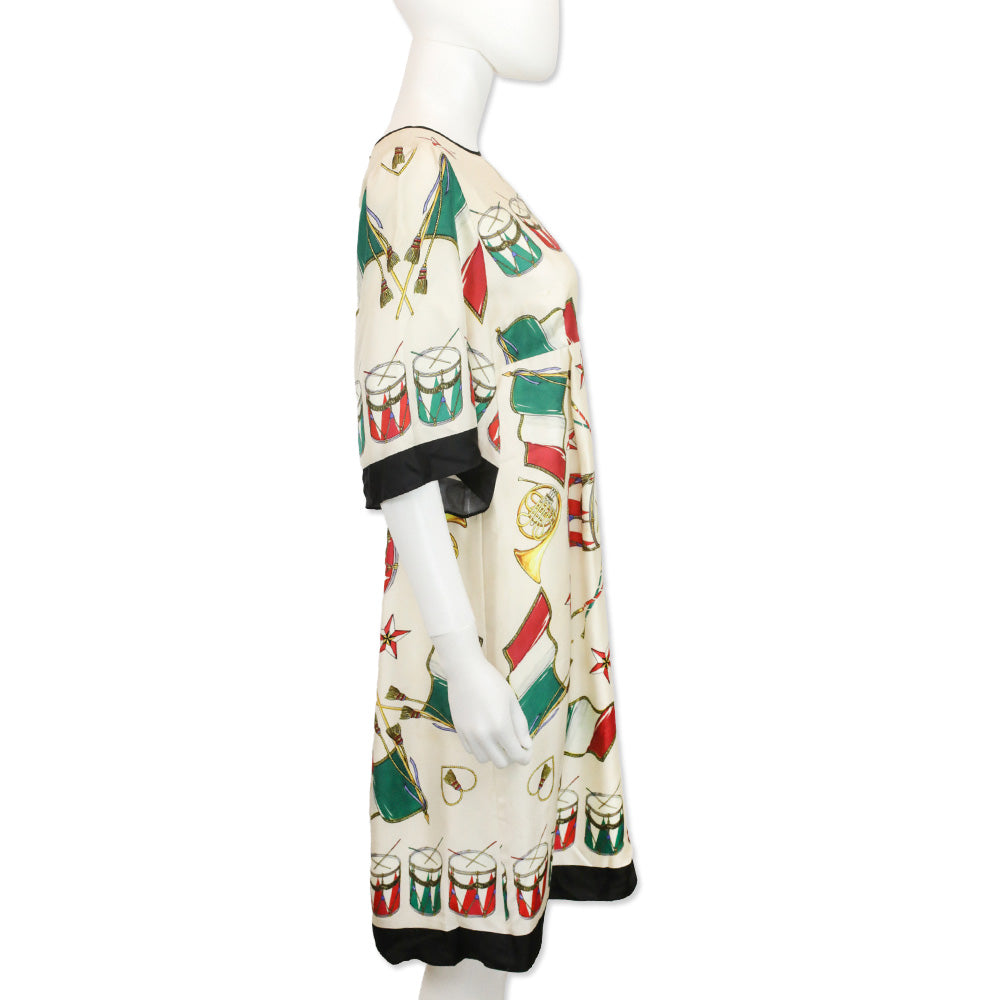 Dolce & Gabbana Cream Drum Instrument Print Silk Midi Dress