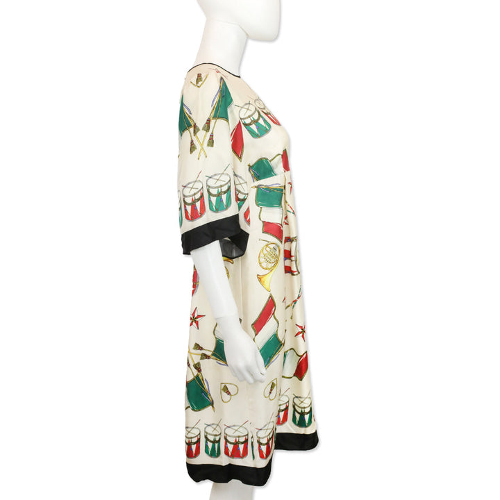 Dolce & Gabbana Cream Drum Instrument Print Silk Midi Dress